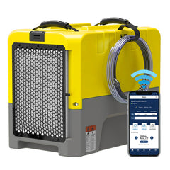 Yellow and Grey Storm LGR Dehumidifier with a phone with App shown on screen.